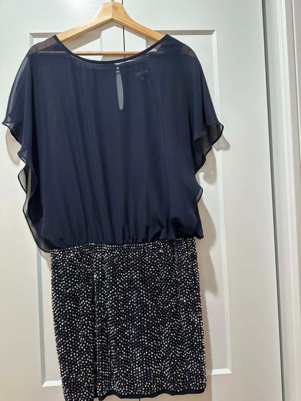 XScape Sheer Beaded Navy Dress